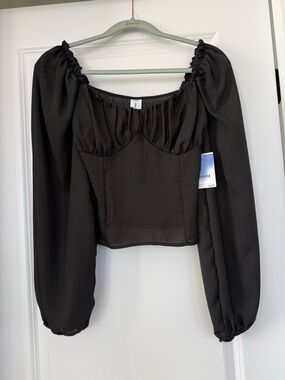 Women’s Small Abound Black Puff-Sleeve Peasant Blouse Cropped